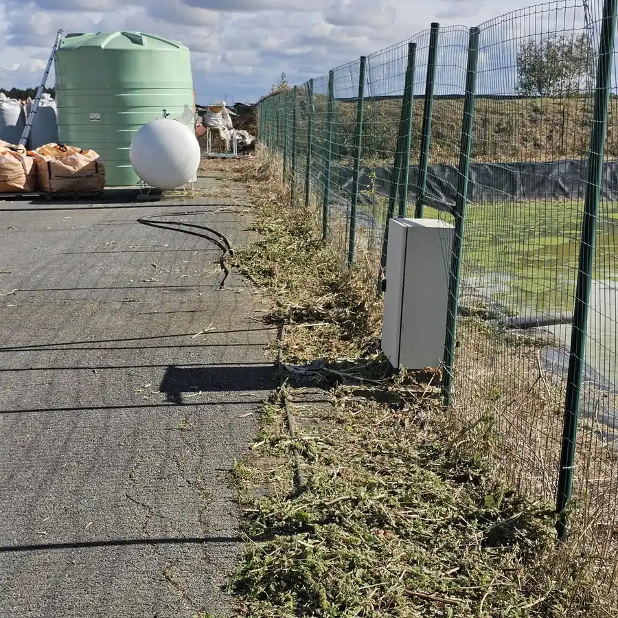 Pied de clôture débroussaillé le long d’une allée technique